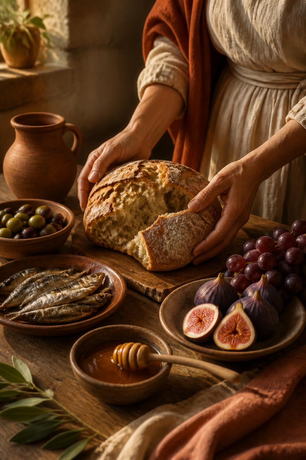 Manos de mujer sirviendo pan recién horneado en una mesa de madera con higos, uvas, miel, aceitunas y pescado, bajo luz cálida de mañana