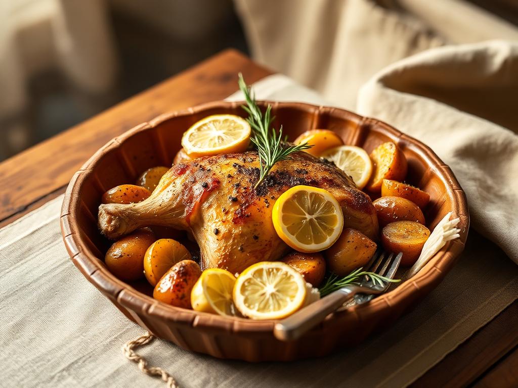 Pollo al limón con aceite de oliva y papas